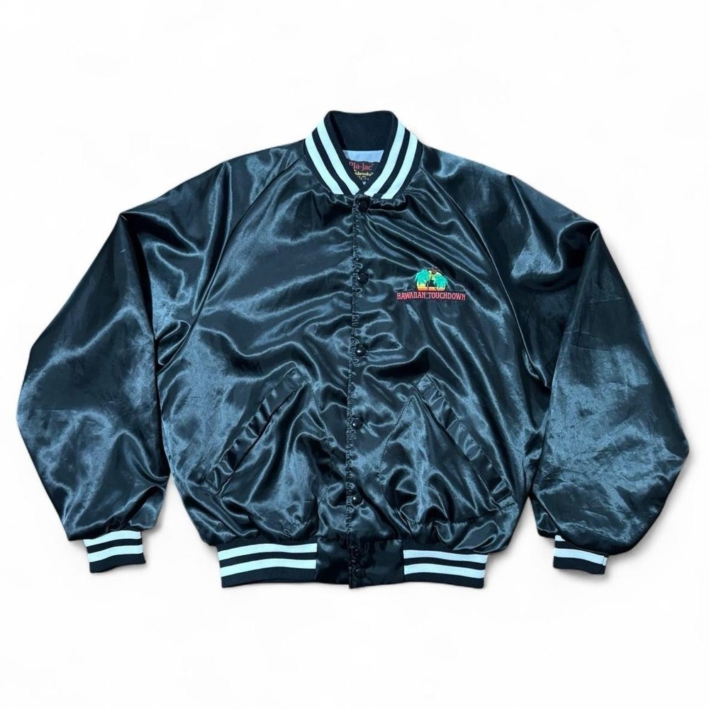 Vintage 80s Black Nylon Varsity Hawaiian Touchdown Embroidered Button Up Jacket